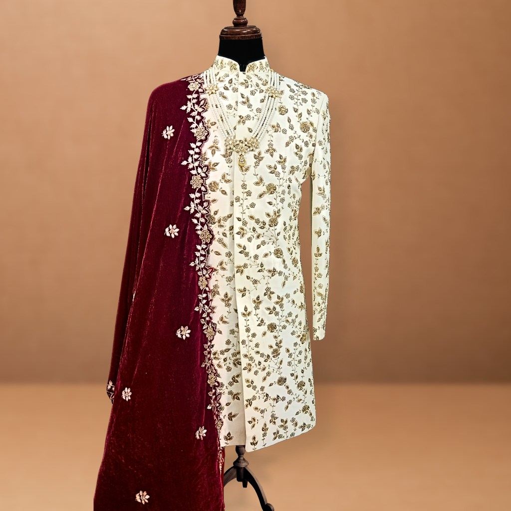 Ivory Handcrafted Floral Embroidered Sherwani