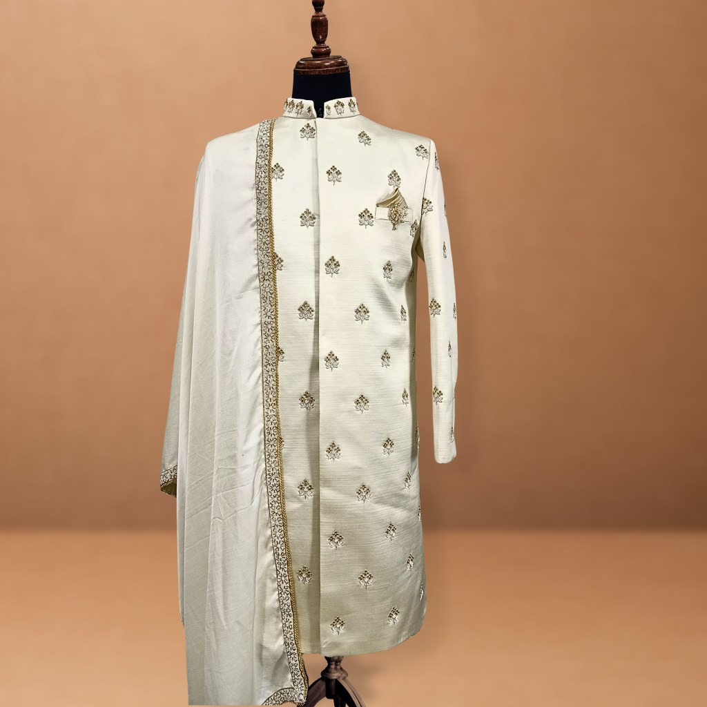 Ivory Pearl Motif Embroidered Sherwani