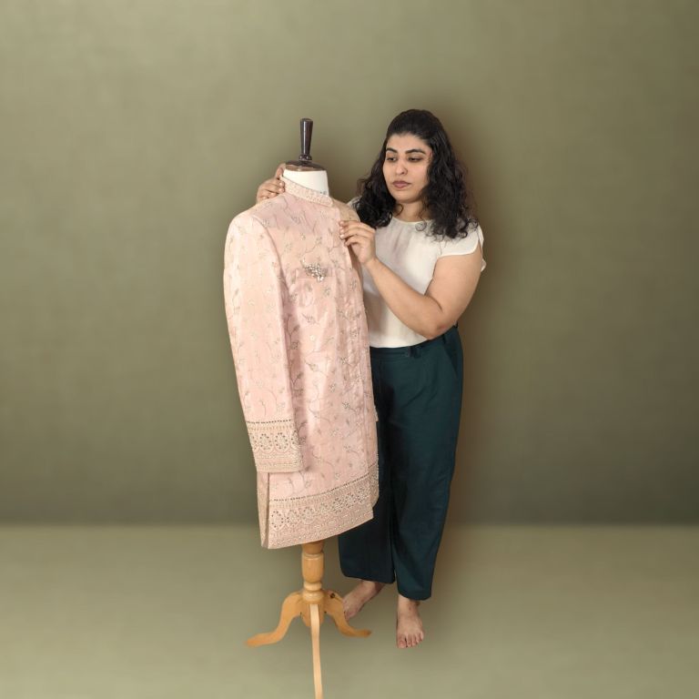 Priyanka Malhotra with a finished garment on a mannequin