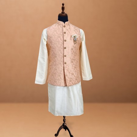 Blush Peach Jacquard Floral Nehru Jacket Set