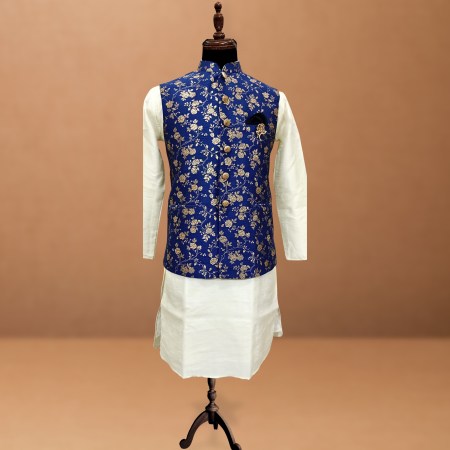 Royal-Blue Floral Jacquard Nehru Jacket