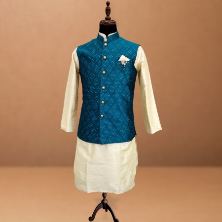Teal-Blue Geometric Jacquard Nehru Jacket